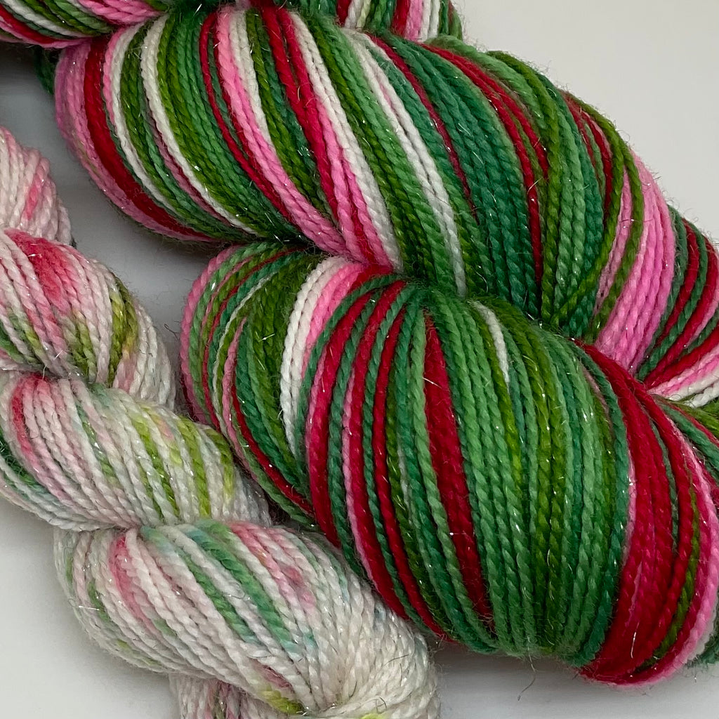 2023 Holiday Cups Six Stripe Self Striping Yarn with Speckled Mini Skein