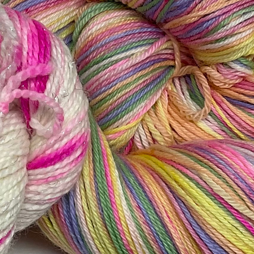 Conversation Hearts Six Stripe Self Striping Yarn with Speckled Mini Skein