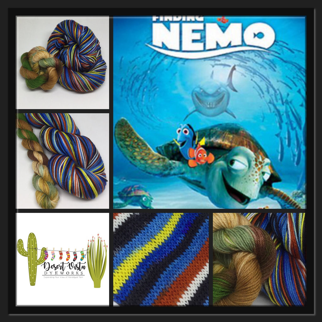 Nemo and Dory and Crush Eight Stripe Self Striping Sock Yarn with Sea Turtle Toe and Heel Mini Skein