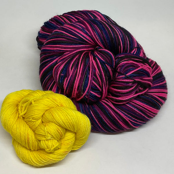 Crabapple Blossoms Four Stripe Self Striping Yarn with Coordinating Mini Skein